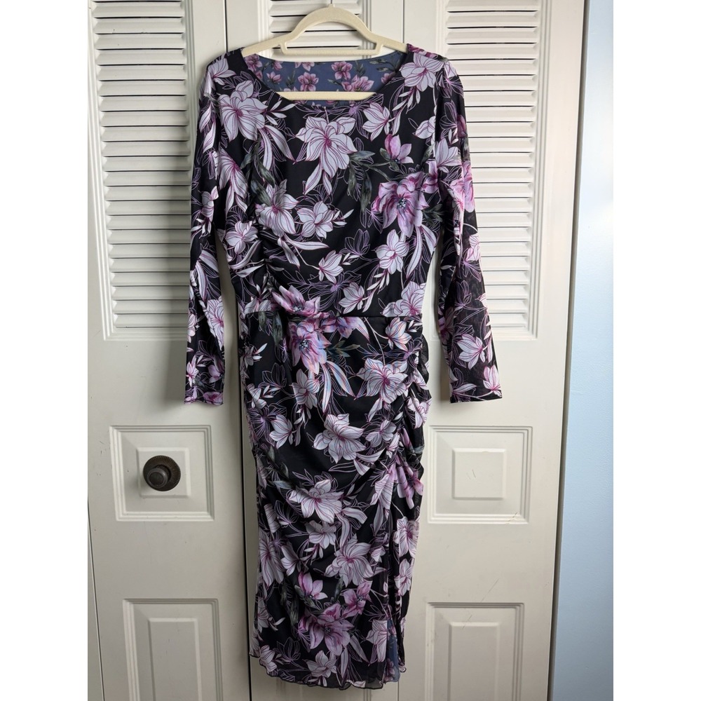 WHBM Reversible Long Sleeve Midi Dress M Mesh Sheath Floral Fairy Feminine
